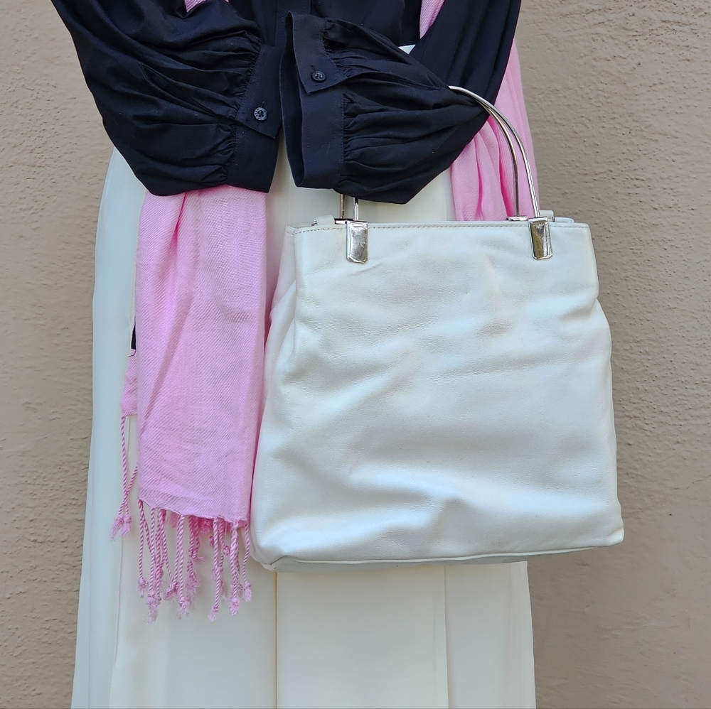 White Faux Leather Shoulder Bag With Silver Handles And Attached Coin Purse